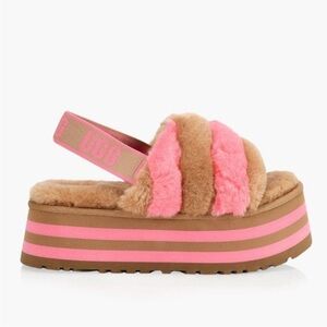 UGG Pink and Tan Fluffy Platform Sandals